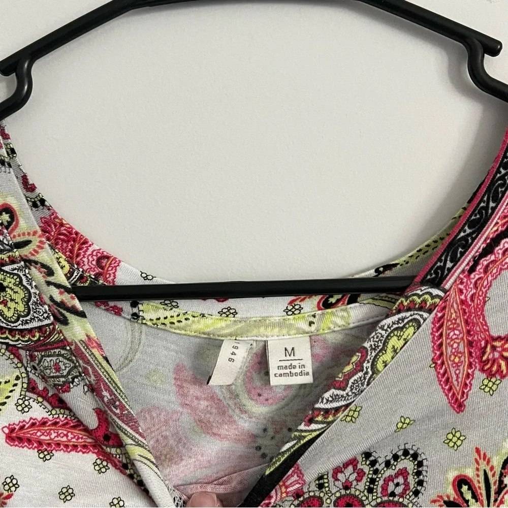 Cato Black, Lime Green, Hot Pink Paisley Print Lace Hem Short Sleeve Shirt